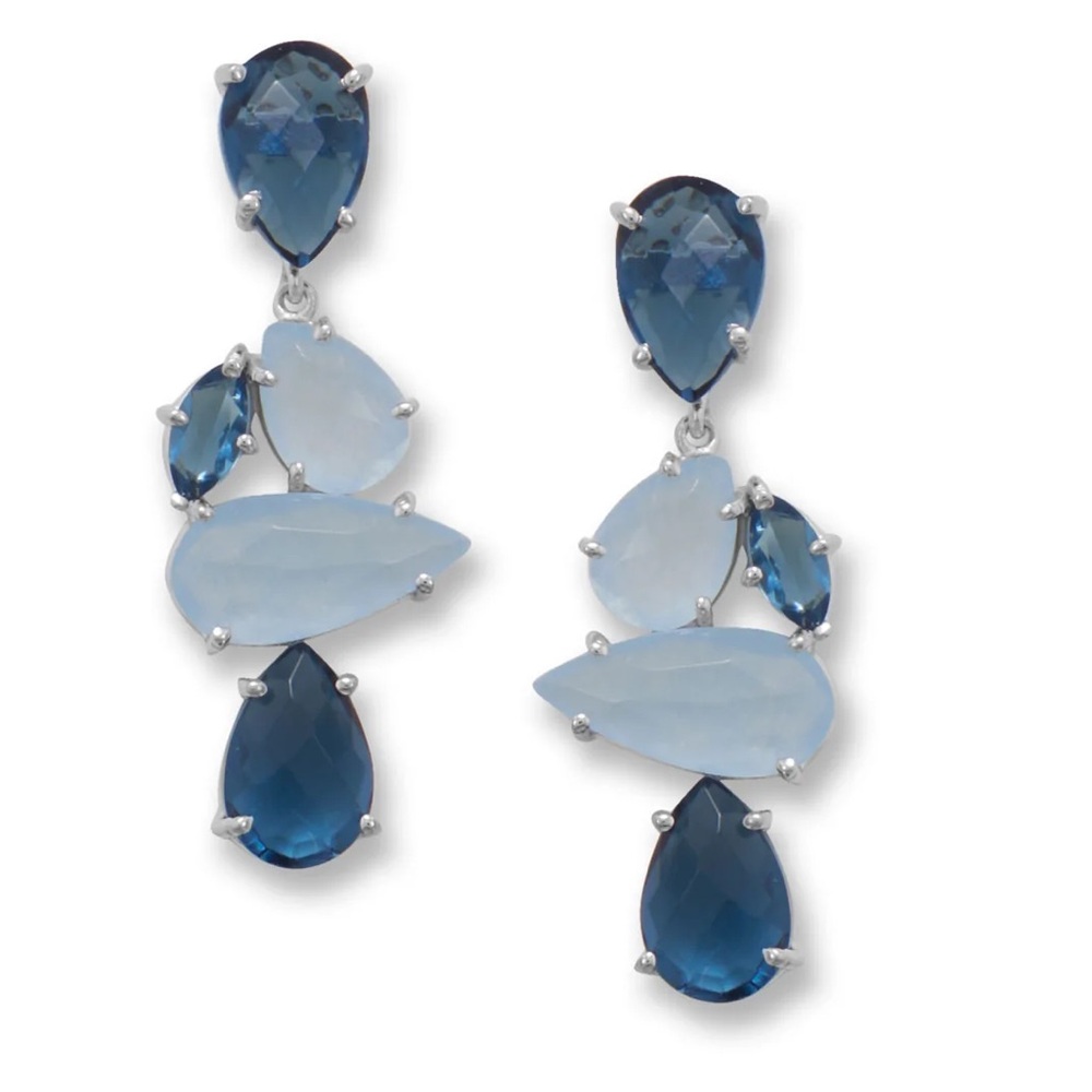 Exquisite Rhodium plated Sterling Silver Blue Dyed Jade & Blue Glass Earrings